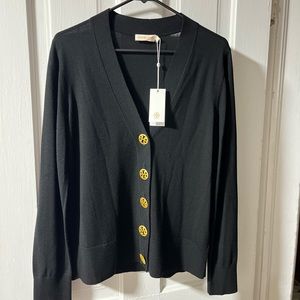 NWT Brand New Tory Burch Black Simone Cardigan Sweater in Size Large